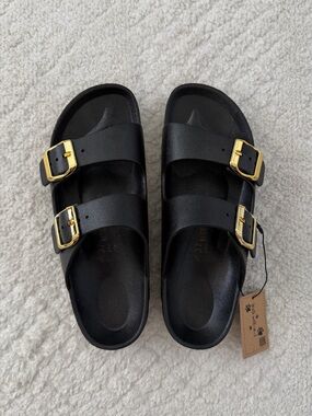 NWT Black Silicone Comfort Slide Sandals with Gold Buckles